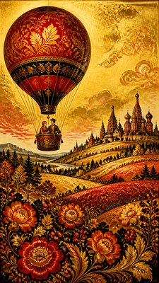 a hot air balloon drifting over rolling flower fields on a sunny day, cheerful, no text