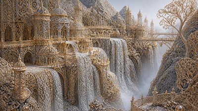 a cliffside city with waterfalls cascading into a misty canyon, wide establishing shot, no people, no text