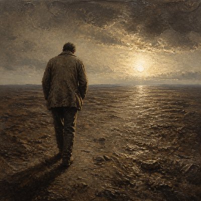 a solitary figure walking toward a glowing horizon across an empty plain, moody atmosphere, no text or lettering
