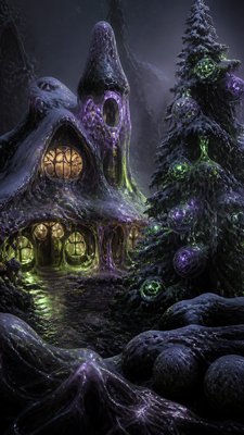a snow-covered cottage with warm glowing windows beside a decorated pine tree, gentle snowfall, no text