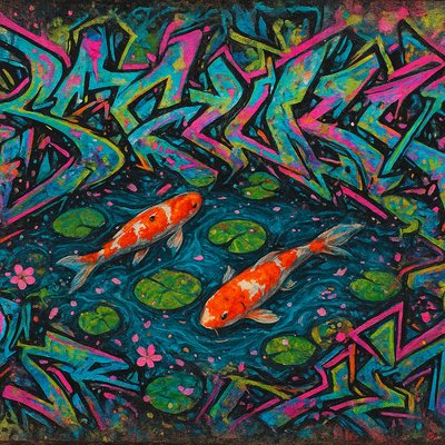 A koi pond seen from above, orange and white koi fish swimming among lily pads, clear water with subtle ripples, fallen cherry blossom petals floating on the surface, dappled sunlight