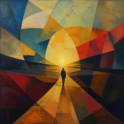 a solitary figure walking toward a glowing horizon across an empty plain, moody atmosphere, no text or lettering