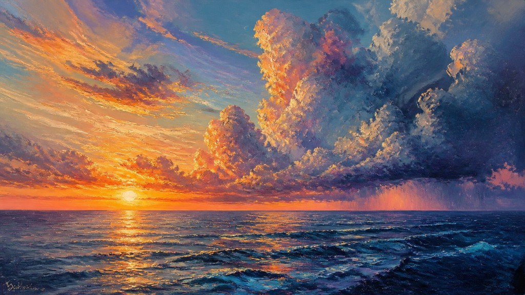 a panoramic ocean horizon with towering clouds at golden hour, no people