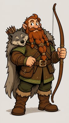 full-body original character: a dwarven ranger with a braided auburn beard, worn leather armor, a longbow and a wolf-pelt cloak, neutral background, no text