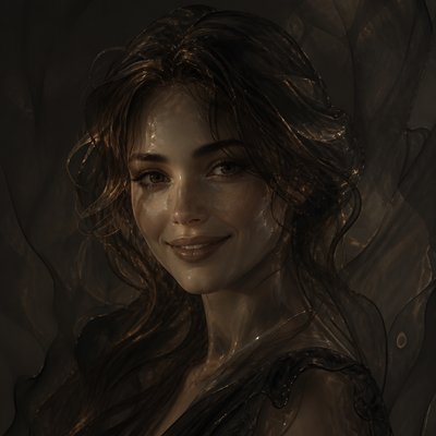 head-and-shoulders portrait of an original character: a young woman with wavy chestnut hair and a warm smile, plain soft backdrop