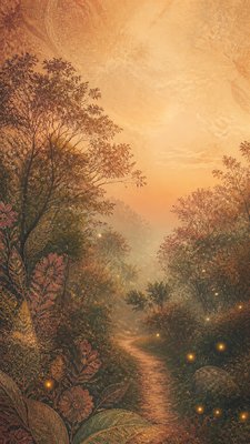 a mysterious forest path with fireflies and drifting mist, atmospheric vertical composition with open space at the top, no text