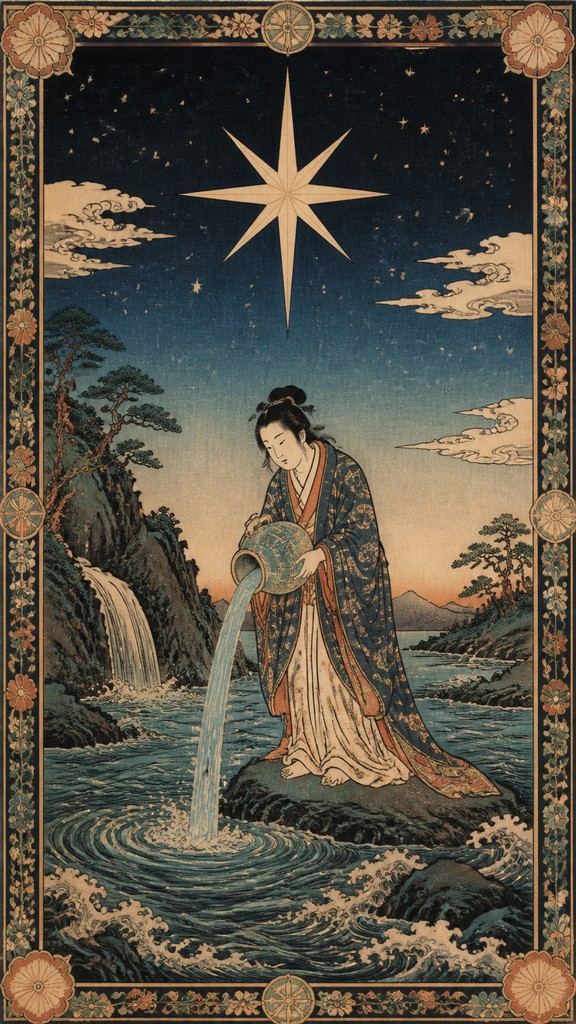 a robed figure pouring water beneath a large eight-pointed star in a night sky, symmetrical composition with an ornate decorative border, no text
