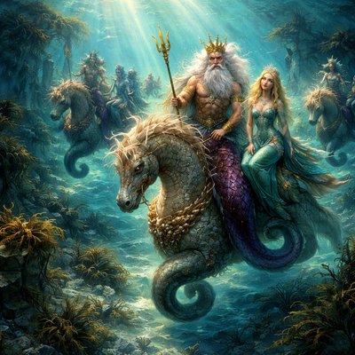 Golden Age Fantasy Illustration Style, Painterly Realism, Crystalline Underwater Photography Aesthetic. A stunning view looking down through impossibly clear ocean water at a royal hunting party of Narnian Merpeople riding through ancient, seaweed-covered ruins on the seabed.

The Crucial Riding Posture: The Merpeople are riding large, powerful, scaled hippocamps (mythical sea-horses). Crucially, the merfolk are perched securely in a distinct side-saddle position on the backs of their mounts. Their powerful, scaled fish tails are coiled elegantly around the side flank of the hippocampus for stability, rather than straddling them like a human.

The Seahorse Anatomy: The hippocamps themselves have massive, armored tails that curl tightly forward beneath their own bodies, pushing them through the water.

Key Figures & Details: The Mer-King, with flowing white hair and fierce eyes, sits side-saddle, holding a gold-tipped spear. His deep amethyst tail is visible coiled against the mount’s scales. A Mer-Queen rides beside him wearing a shimmering gown. Bright shafts of sunlight pierce the water, illuminating the specific details of their riding posture and glittering scales.