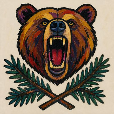 a roaring bear head above crossed pine branches, bold graphic composition on a plain background, no text