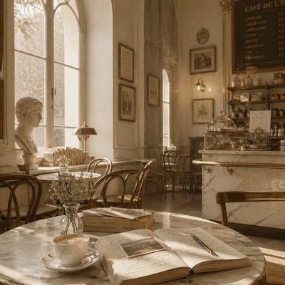 cozy cafe interior with warm lighting