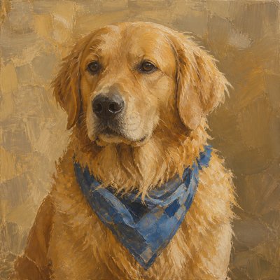 portrait of a golden retriever wearing a blue bandana, warm plain backdrop, no text