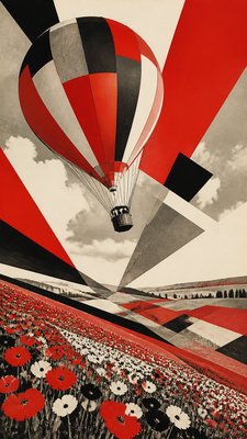 a hot air balloon drifting over rolling flower fields on a sunny day, cheerful, no text