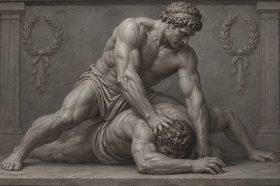 ancient greek wrestler pinning opponent to the ground