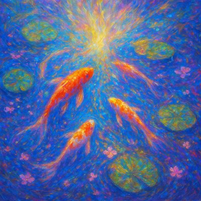 A koi pond seen from above, orange and white koi fish swimming among lily pads, clear water with subtle ripples, fallen cherry blossom petals floating on the surface, dappled sunlight