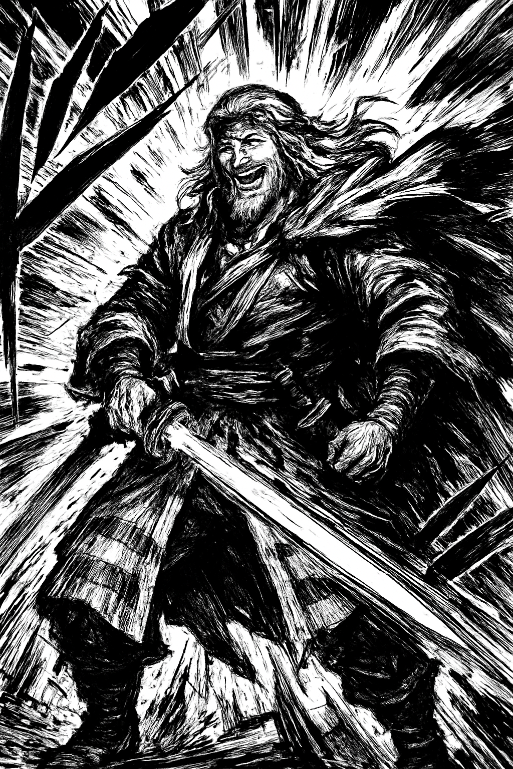 a black and white drawing of a man holding a sword