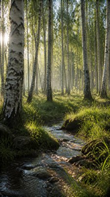 a serene birch forest in soft morning light, no people, no text