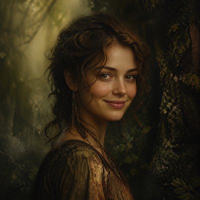 head-and-shoulders portrait of an original character: a young woman with wavy chestnut hair and a warm smile, plain soft backdrop