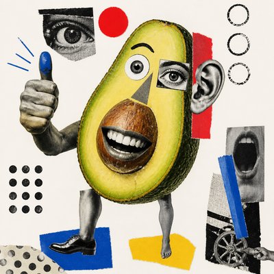 a happy avocado character giving a thumbs up, bold readable design on a plain background, no text