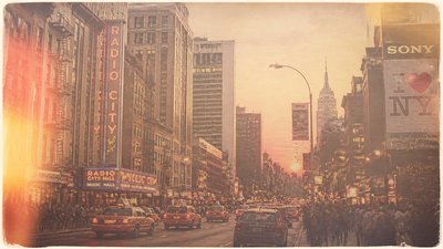 bustling city street panorama at dusk