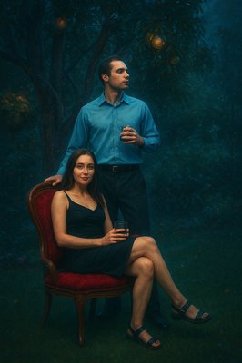 a man standing next to a woman on a red chair