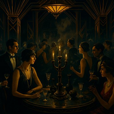 A party in 1920s Weimar Berlin. Opulent, crumbling ballroom, flickering gaslight, deep shadows. Flapper-era attendees in high fashion. Decadent feast, champagne, cigarette smoke. A central antique table with mysterious ritual objects. Juxtaposition of extreme luxury and hidden magic. Cinematic realism, dark academia, chiaroscuro, rich jewel tones. Influenced by Babylon Berlin series aesthetics.