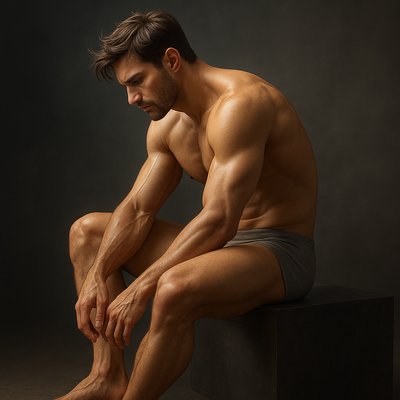 a shirtless man sitting on top of a black box