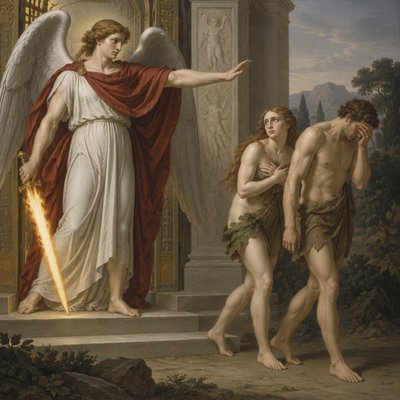 the Angel with a flaming sword expelling Adam and Eve from the Garden