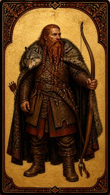 full-body original character: a dwarven ranger with a braided auburn beard, worn leather armor, a longbow and a wolf-pelt cloak, neutral background, no text