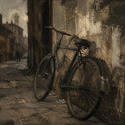 bicyle resting against a wall