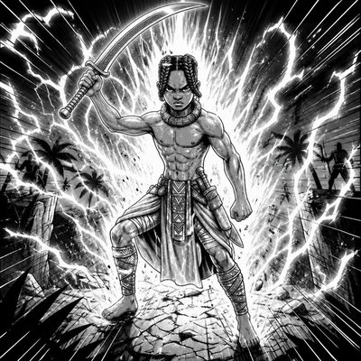 a black and white drawing of a man holding a sword
