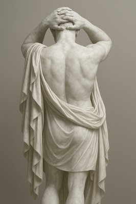 a statue of a man holding his hands to his head