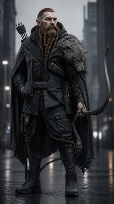 full-body original character: a dwarven ranger with a braided auburn beard, worn leather armor, a longbow and a wolf-pelt cloak, neutral background, no text