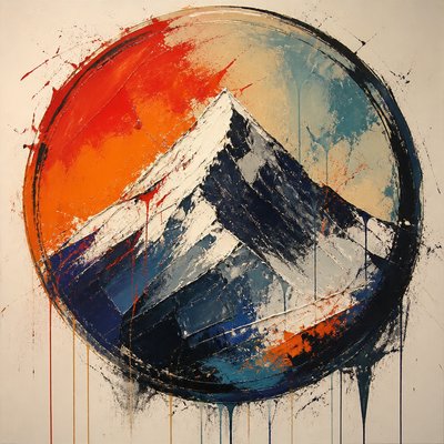 an emblem of a mountain peak inside a circle, simple bold shapes on a plain background, no text or lettering