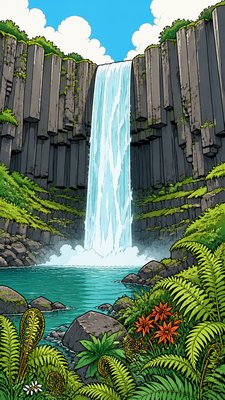 towering waterfall cascading down a basalt cliff into a misty pool surrounded by ferns, no people