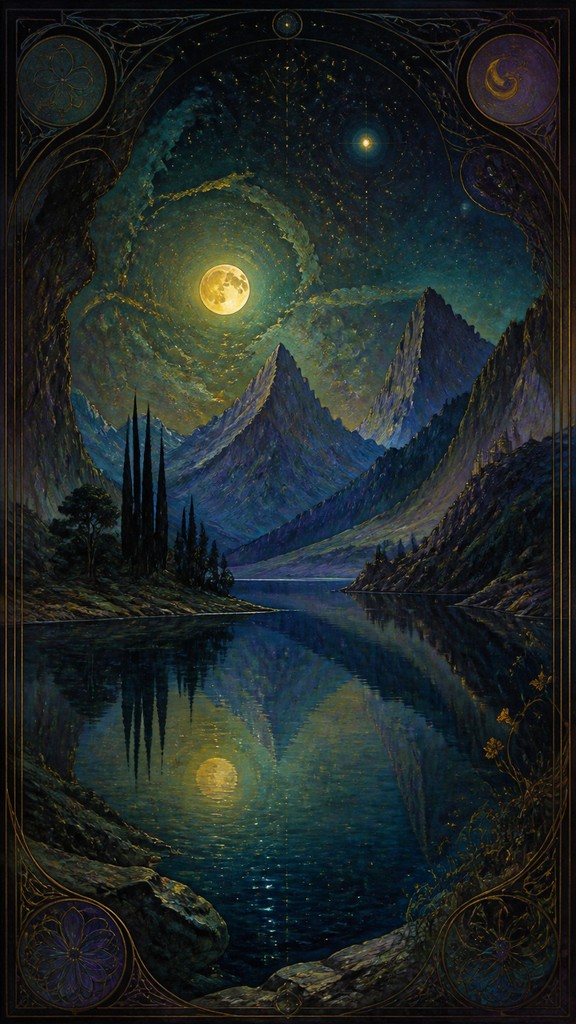 a tranquil mountain lake beneath a starry night sky, no people, no text
