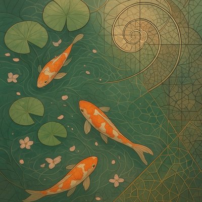 A koi pond seen from above, orange and white koi fish swimming among lily pads, clear water with subtle ripples, fallen cherry blossom petals floating on the surface, dappled sunlight