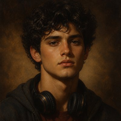 head-and-shoulders portrait of an original character: a young man with curly dark hair and headphones around his neck, plain backdrop, no text