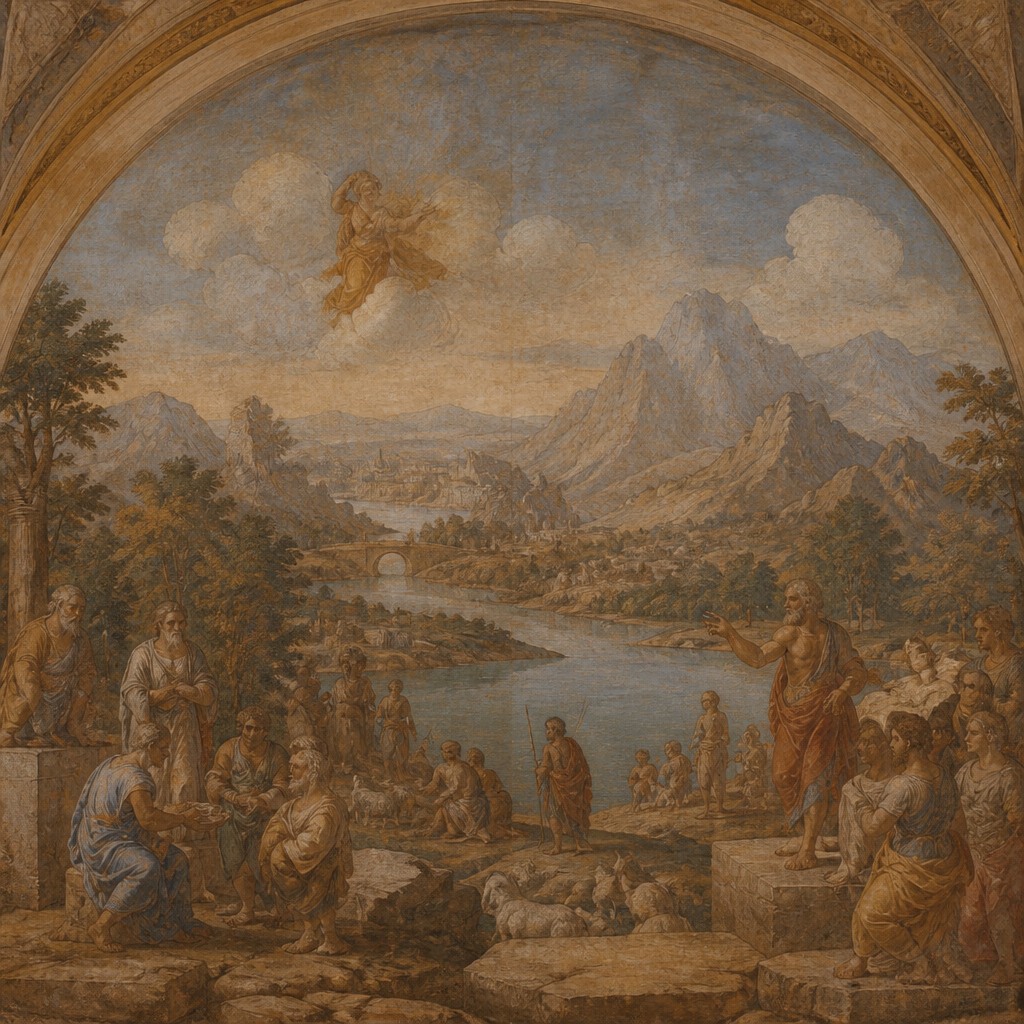 wide landscape with natural scenery — Fresco Narrative Renaissance Art Style
