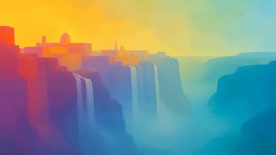 a cliffside city with waterfalls cascading into a misty canyon, wide establishing shot, no people, no text
