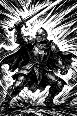 a black and white drawing of a knight holding a sword