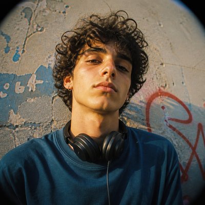 head-and-shoulders portrait of an original character: a young man with curly dark hair and headphones around his neck, plain backdrop, no text