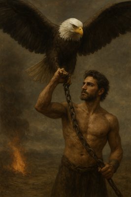 a painting of a man holding a chain and a bald eagle