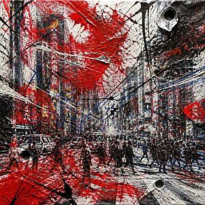 urban street with city activity — Gutai Art Style