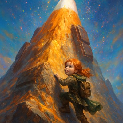 A young red-haired girl in whimsical adventurer gear, bravely climbing a colossal, mountain-sized candy corn. The candy corn mountain has realistic geological features, with crags and steep slopes, made entirely of candy corn, and integrated along its ridges are giant, sculpted chocolate bars. Shimmering, multi-colored pixie stick dust rains down around her like magical snowfall. Determined, joyful expression. Bright, fantastical sky. Hyperrealistic digital painting, fantasy illustration, surreal landscape, epic detailed, cinematic lighting, food art photography." The candy corn is a mountain landscape