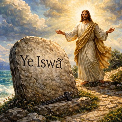 “Oh that my words were now written! oh that they were printed in a book! That they were graven with an iron pen and lead in the rock for ever! For I know that my redeemer liveth, and that he shall stand at the latter day upon the earth:” (Job 19:23-25, KJV) please depict this as a stone written with a new name engraved in it " Ye Iswąˀ " and the Redeemer is Jesus 
