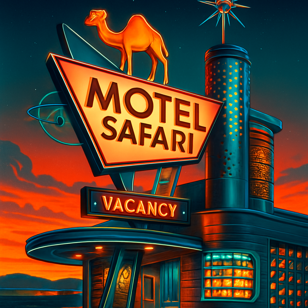 Create an image of the Motel Safari in Tucumcari, showcasing its distinctive Doo Wop or Googie architectural style. The design should feature counter-stacked brickwork with oozing mortar, cinder block walls with unique openings, and metal cylinders with perforated holes that glow softly at night. The sign should incorporate playful geometric shapes, with Clyde the Camel prominently perched on top, illuminated against a vibrant sunset sky. Include a retro Route 66 vibe with neon accents and a welcoming "VACANCY" sign.