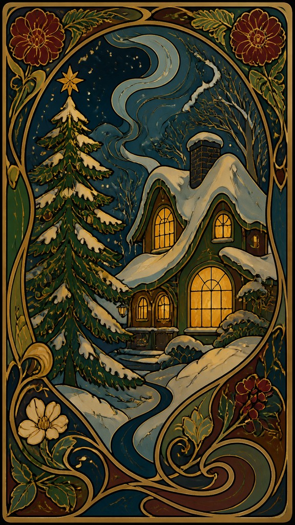 a snow-covered cottage with warm glowing windows beside a decorated pine tree, gentle snowfall, no text