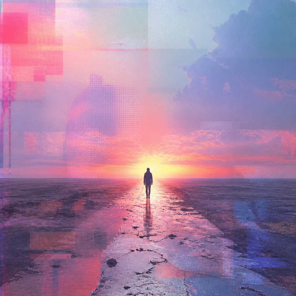 a solitary figure walking toward a glowing horizon across an empty plain, moody atmosphere, no text or lettering