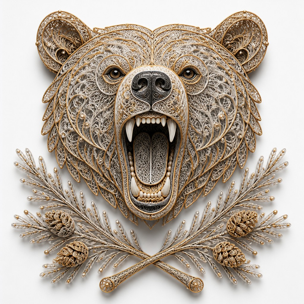 a roaring bear head above crossed pine branches, bold graphic composition on a plain background, no text