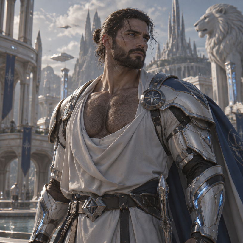 Je veux que tu me fasses un guerrier, tres modern avec une armure moderne genre full blanc argenté bleu claire avec le torse non couvert, on voit ses muscle et il a une barbe et des cheveux lisse mi court attacheé en arriere avec un elastic il est hot et un peu poilu pour le realisme il est brun et a des yeux bleu clair on dirait presque un dieu nordick modern , je repete on voit son torse poilu mais on voit pas du tout son ventre iu ses abdo genre je veux comme un tee shirt ultra large qui montre son torse pad forcement en entier juste une partie